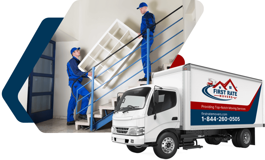 Two movers from First Rate Movers carry a shelf up stairs