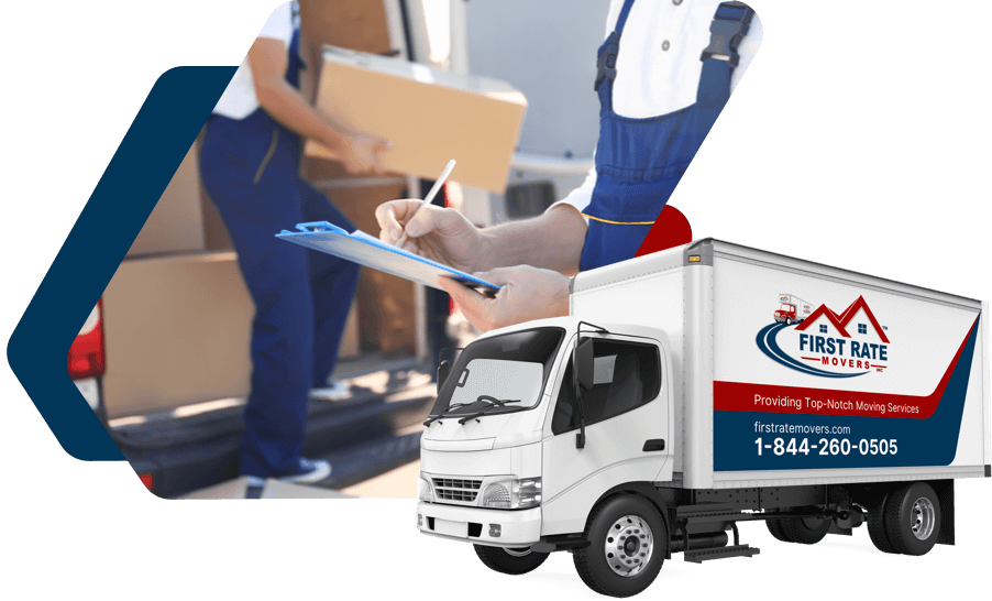 A mover from First Rate Movers checks a list while another loads a box onto a truck